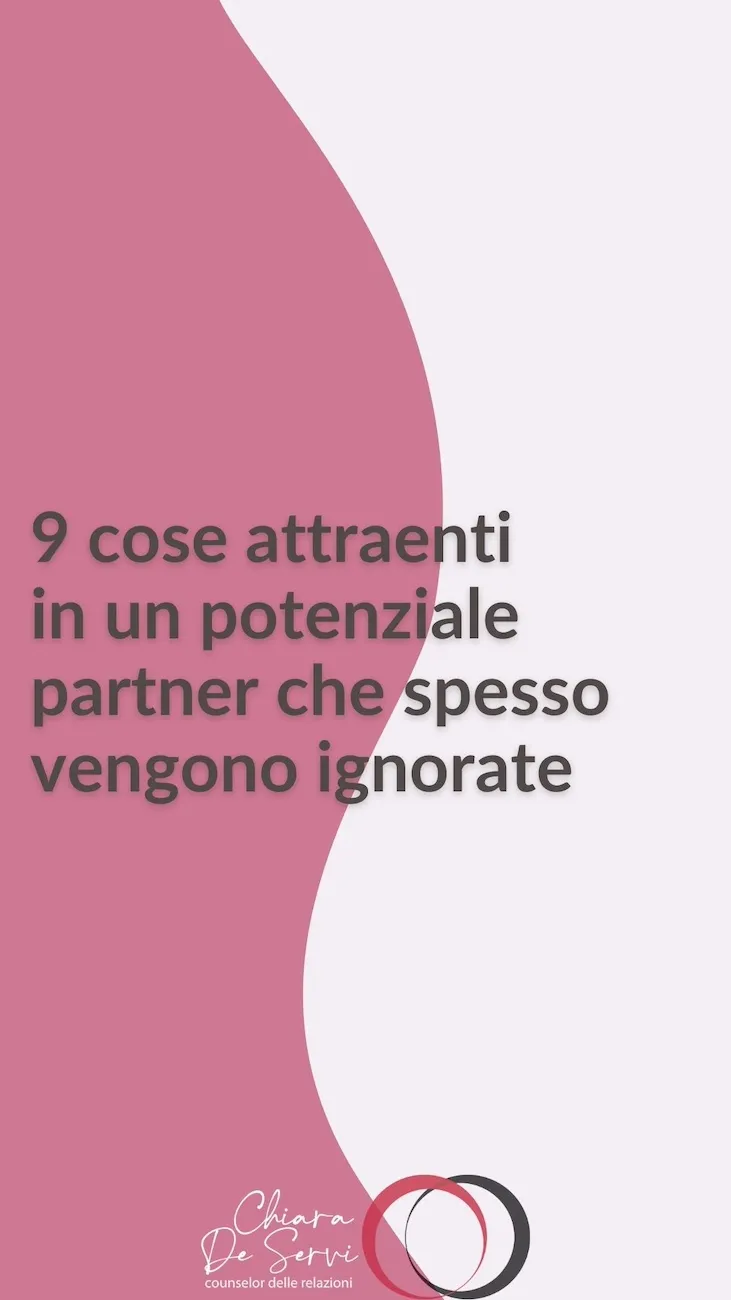 Copertina dell’articolo “9 cose attraenti in un potenziale partner”, con sfondo diviso diagonalmente tra viola e bianco e design grafico minimalista.
