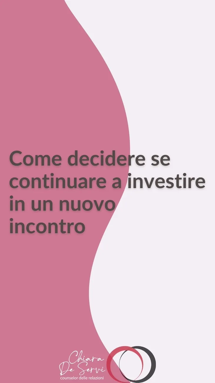 Copertina dell’articolo “come decidere se continuare a investire in un nuovo incontro”, con sfondo diviso diagonalmente tra viola e bianco e design grafico minimalista.